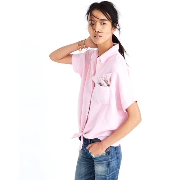 Madewell Tops - Madewell Short Sleeve Tie-Front Pink Linen Top